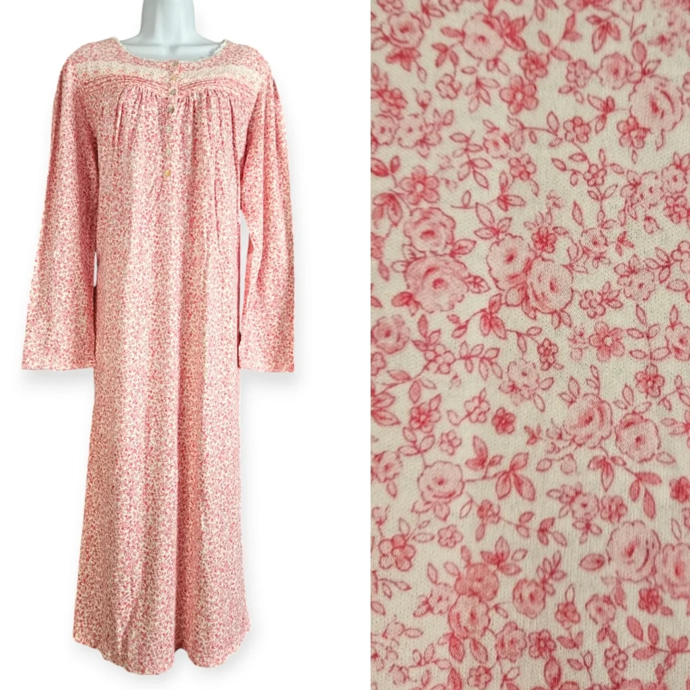 Eileen West pink white floral long sleeve nightgown Womens